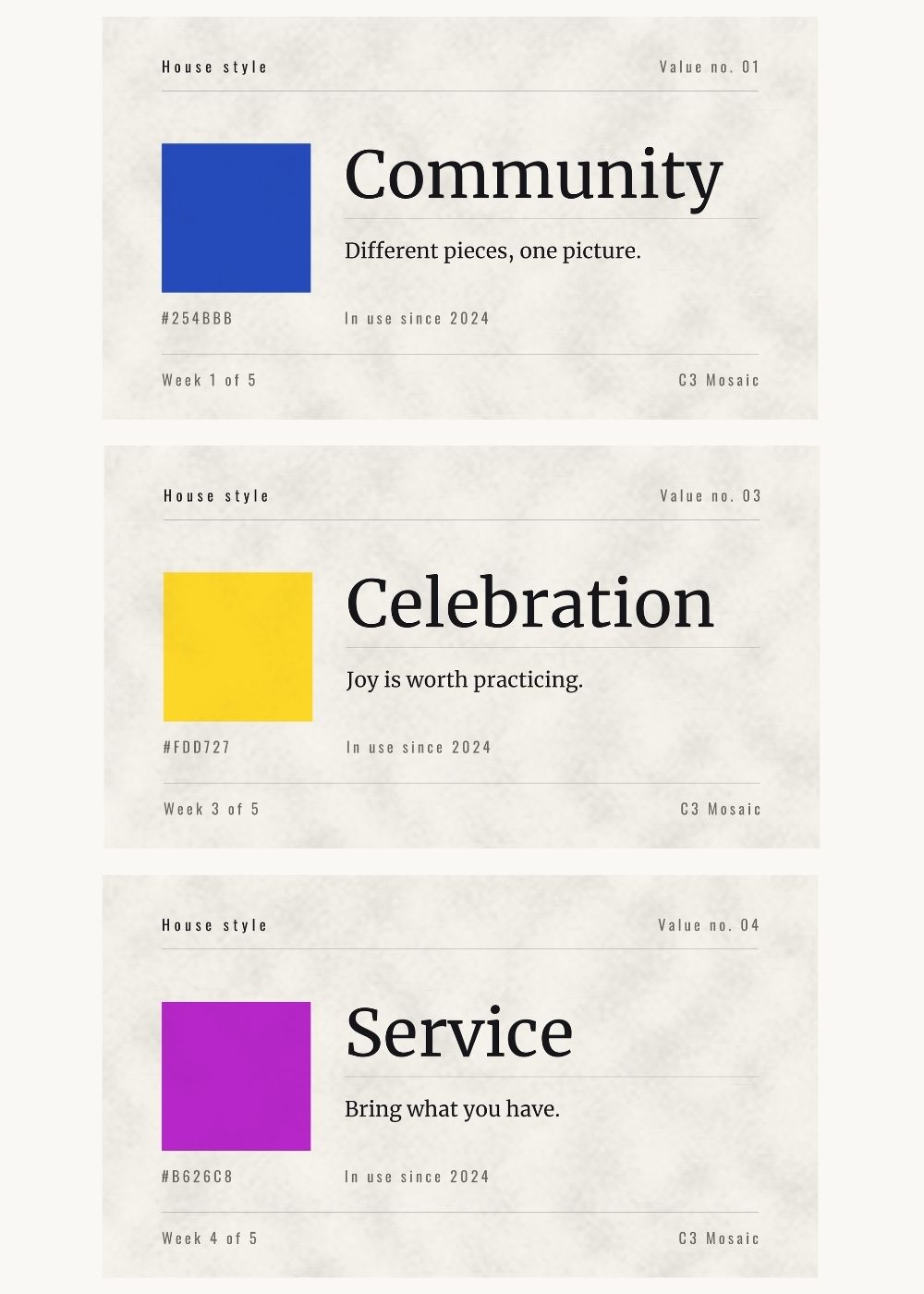 Three of the five weekly titles, same template, different value
